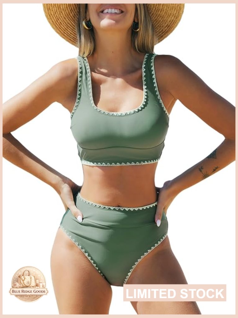 Two Piece Bikini Set Scoop Neck Tank High Waisted Bottom Stitching Design